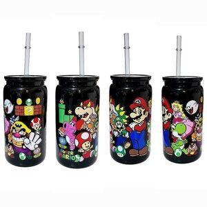 Super Mario Bros Cartoons Black Acrylic Plastic Tumbler Cup 16oz
